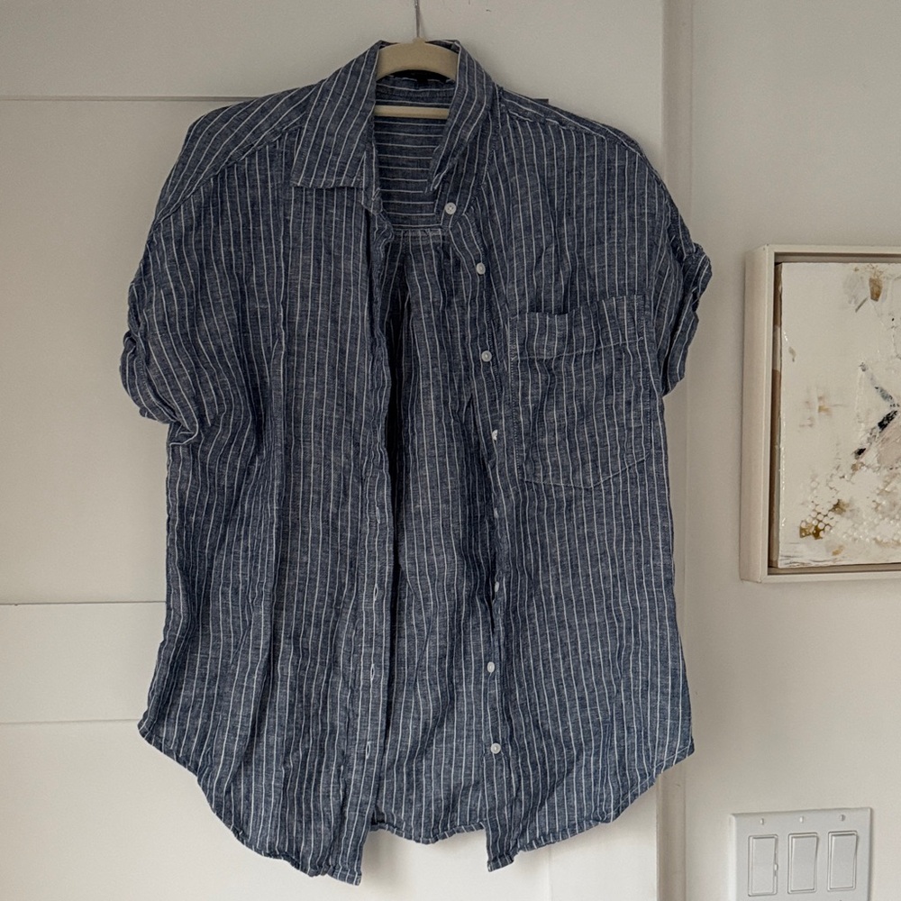 Women’s quince linen Blue Striped Short-Sleeve Linen Shirt
